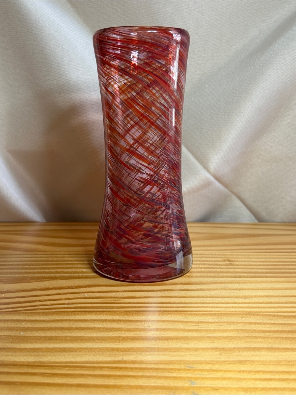 Vintage Studio Art Glass Flared Vase Red Orange Purple Woven Swirl 7.5"